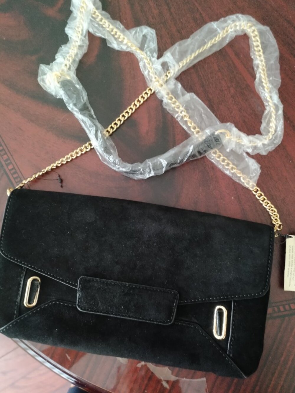 Talbots Suede Envelope Clutch/Crossbody Bag Gold Tone Clasp and Chain Black, NWT